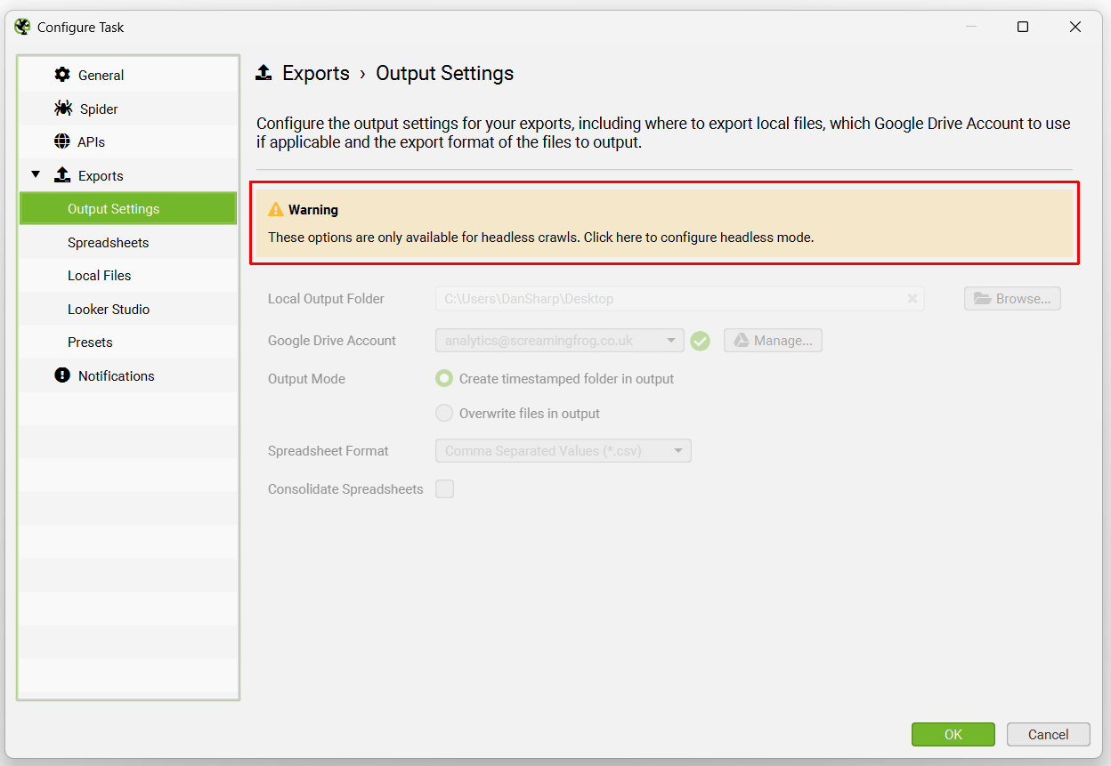 Scheduling export headless mode warning