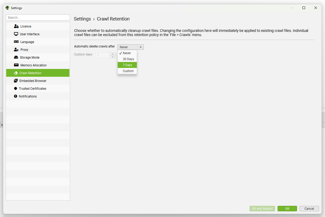 Crawl Retention settings